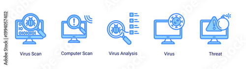 Virus scan icon set featuring computer scan and malware analysis.Ideal for antivirus software and system security monitoring concepts.