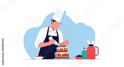 Professional pastry chef in a uniform and white hat carefully applies white frosting to a layered chocolate cake in a kitchen.