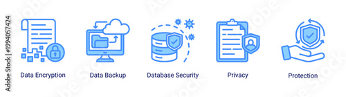 Data security icon set featuring encryption,backup and privacy protection.Perfect for secure data system and information security visuals.