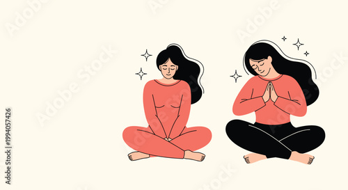Two young women sitting in a lotus pose with their eyes closed practicing meditation and mindfulness for mental health and relaxation.