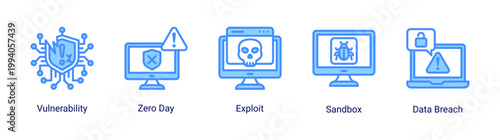 Vulnerability icon set featuring zero day,exploit and data breach.Ideal for cybersecurity analysis and threat detection concepts.