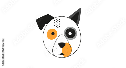 Modern stylized illustration of a white dog face with orange and grey spots and simple geometric features on white background.