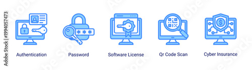 Secure access icon set with authentication,password and software license.Ideal for login security and system access control concepts.