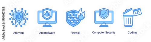 Security software icon set including antivirus,firewall and coding.Ideal for system protection and cybersecurity technology concepts.