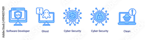 System monitoring icon set featuring developer,cyber security and spyware threat detection.Perfect for cybersecurity workflow,system monitoring and digital security analysis.