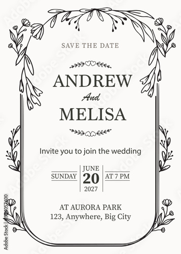 Elegant Wedding Invitation Card with Botanical Line Art Floral Design