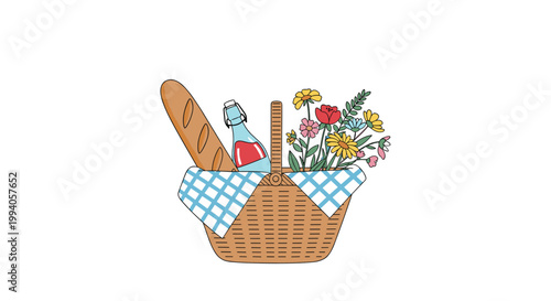 Woven picnic basket filled with a baguette, a bottle of wine, and a bunch of colorful flowers covered with a blue checkered cloth.