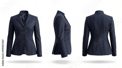 Three views of a dark blue tailored women's equestrian riding jacket, showcasing front, side, and back.