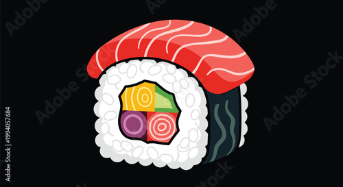 Large colorful sushi roll with salmon on top and various fillings including avocado, tuna, and vegetables against a black background.