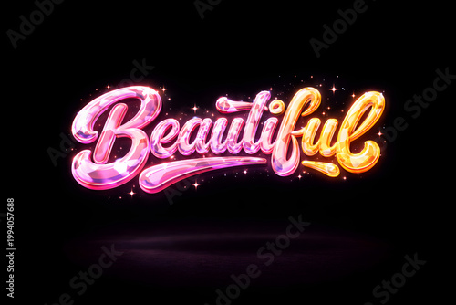 Beautiful Neon Text Effect – 3D Glossy Typography Design Illustration