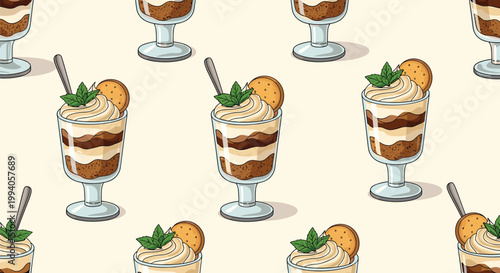 Elegant seamless pattern of layered chocolate and cream desserts in glass cups decorated with mint leaves and cookies on cream.