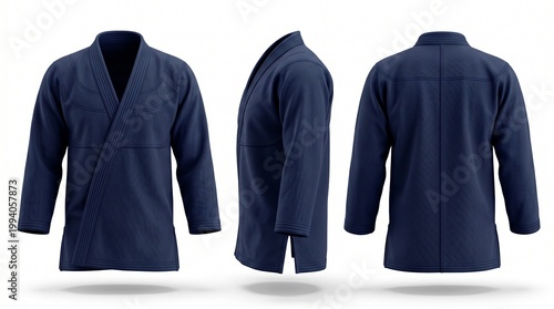 Three views of a navy blue martial arts gi or judogi, displayed on a white background.