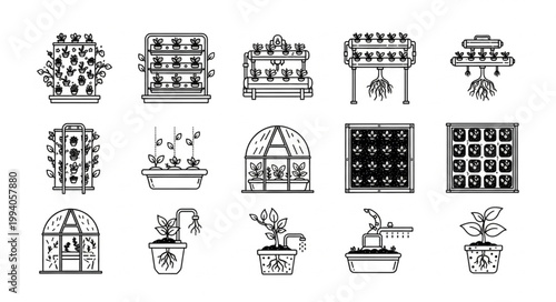 Collection of Vertical Farming and Hydroponic Systems Icons.