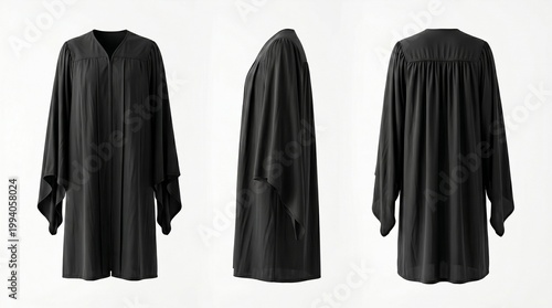 Three views of a black academic graduation gown, showing front, side, and back.