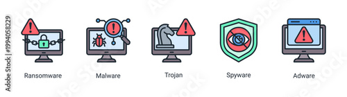 Malware attack icon set featuring ransomware,trojan and spyware threats.Ideal for cybersecurity risk,hacking concept and digital security visuals.