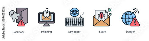 Cyber threat icon set with phishing,keylogger and spam attack concepts.Perfect for online security awareness and hacking prevention visuals.