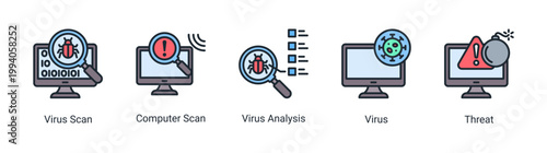 Virus scan icon set featuring computer scan and malware analysis.Ideal for antivirus software and system security monitoring concepts.