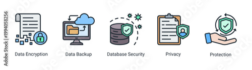 Data security icon set featuring encryption,backup and privacy protection.Perfect for secure data system and information security visuals.