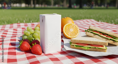 Sandwiches and fruit on picnic blanket.