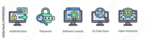 Secure access icon set with authentication,password and software license.Ideal for login security and system access control concepts.