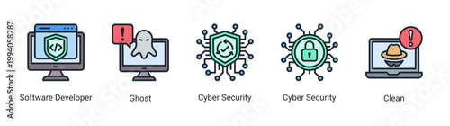 System monitoring icon set featuring developer,cyber security and spyware threat detection.Perfect for cybersecurity workflow,system monitoring and digital security analysis.