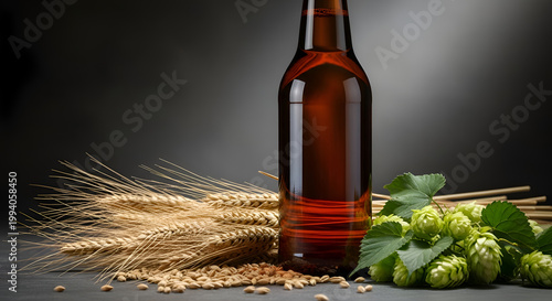 Bottle of beer with hops and wheat.