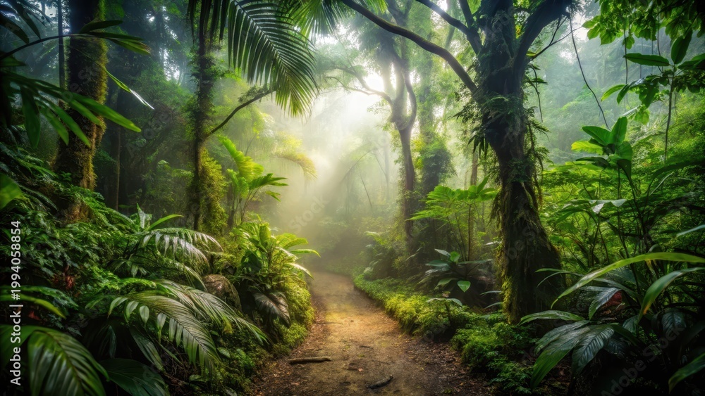 Fototapeta premium A misty jungle path winds its way through dense foliage on Cerro Chato in Costa Rica