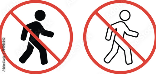 Prohibition signs set, red circle slash symbols indicating no walking and no running zones for safety regulation and access control signage.