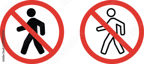 Prohibition symbols set, walking and running restriction icons for safety zones access control and hazard warning infographic design.