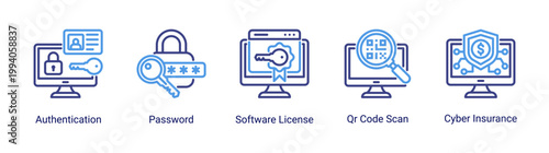 Secure access icon set with authentication,password and software license.Ideal for login security and system access control concepts.