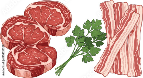 Raw Beef Steak and Bacon Strips with Fresh Parsley Illustration for Cooking, Butcher Shop, Food Preparation, Protein Ingredients, and Realistic Vector Design