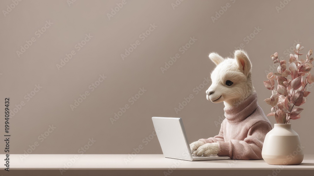 Fototapeta premium Cute animated llama in a cozy sweater working on a laptop, featuring pastel decor with flowers creating a warm and inviting workspace atmosphere