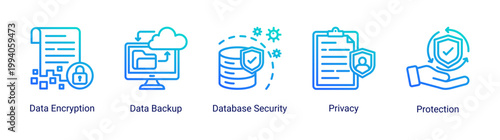 Data security icon set featuring encryption,backup and privacy protection.Perfect for secure data system and information security visuals.