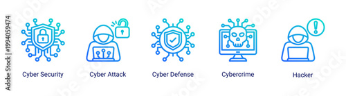 Cyber defense icon set featuring hacker,cyber attack and cybercrime concepts.Perfect for cybersecurity services and network protection visuals.
