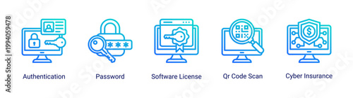 Secure access icon set with authentication,password and software license.Ideal for login security and system access control concepts.