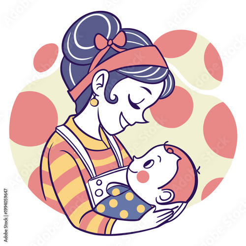 Vintage style mother holding baby wearing sling.