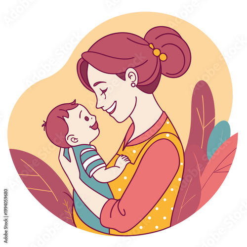 Woman embracing baby against floral background.