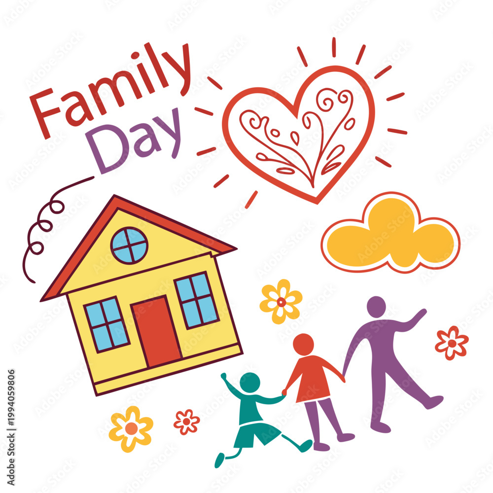 Fototapeta premium Family day illustration, house, heart, clouds, and people.