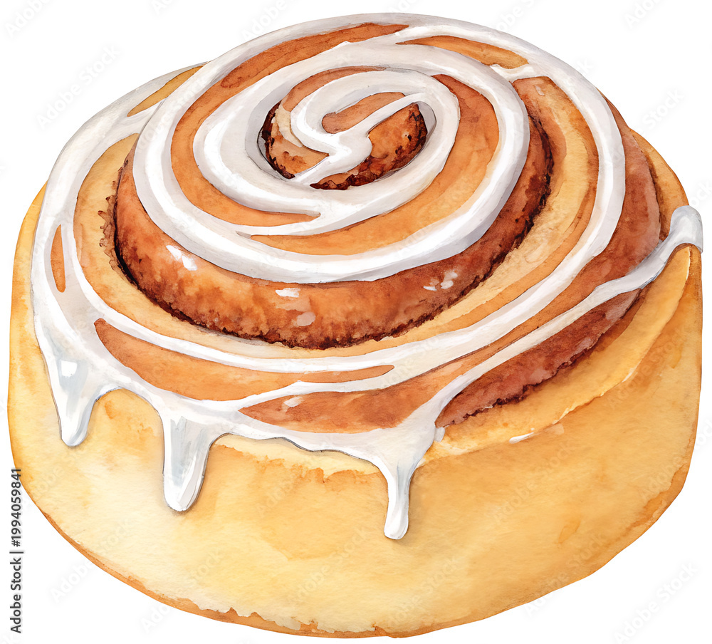 Fototapeta premium watercolor cinnamon roll with icing swirl, isolated PNG