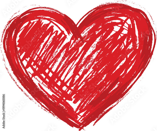 Red hand drawn heart shape sketch, grunge brush stroke scribble illustration isolated on white background