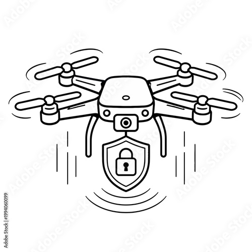 Illustration of a surveillance drone with a shield and lock symbol, representing security and advanced technology in aerial monitoring