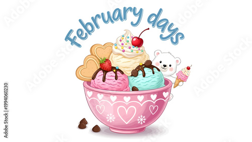 Cute hand drawn illustration of ice cream in a heart bowl with a polar bear.