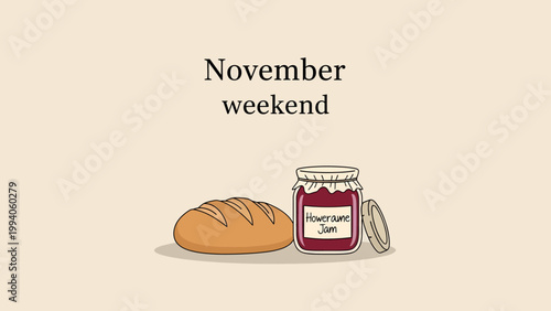 Freshly baked bread loaf and a jar of homemade fruit jam.