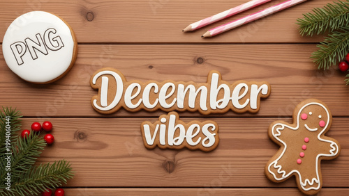 Gingerbread cookies shaped like December vibes text and a gingerbread man.