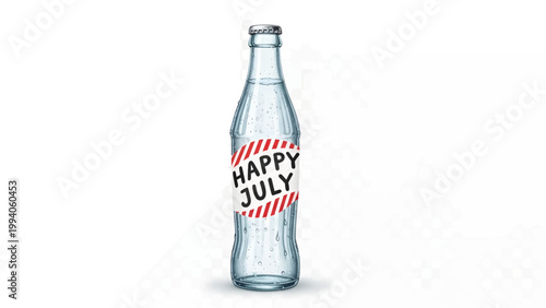 Glass bottle with Happy July label isolated on white background.