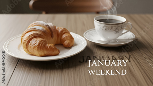 Fresh buttery croissant on a white plate with a steaming cup of coffee.