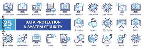Data protection icon set with encryption, firewall, authentication, antivirus and privacy. Perfect for cybersecurity, secure access, network defense and digital data security.