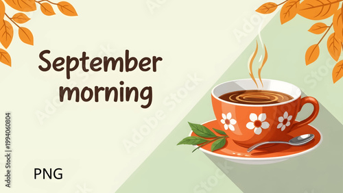 A steaming orange floral tea cup on a saucer for a cozy September morning.