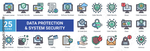 Data protection icon set with encryption, firewall, authentication, antivirus and privacy. Perfect for cybersecurity, secure access, network defense and digital data security.