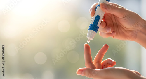 Person using lancet device to prick finger for blood glucose test meter 1